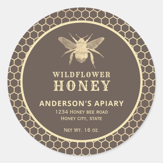 Adesivo Rótulo de frasco de mel de abelha de ouro moderno (Frente)