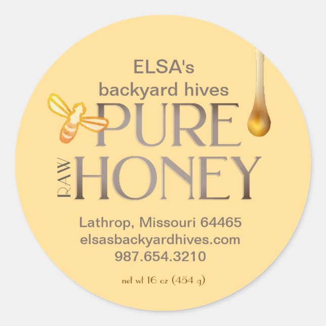 Adesivo Rótulo de gota de mel amarelo com abelha (Frente)