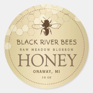 Adesivo Rótulo de Mel Bruto de Honeycomb e Abelhas Dourado