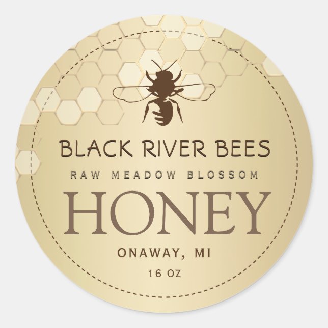 Adesivo Rótulo de Mel Bruto de Honeycomb e Abelhas Dourado (Frente)