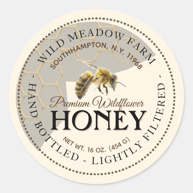 Adesivo Rótulo de Mel com Honeycomb e Bee (Frente)