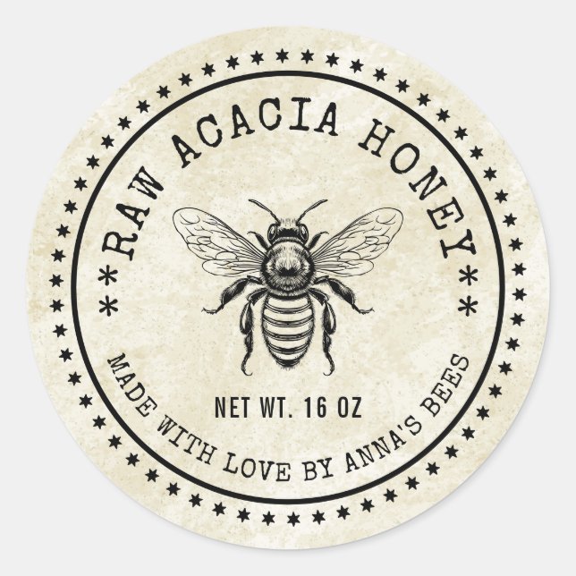 Adesivo Rótulo de mel de acácia com abelha retrô (Frente)