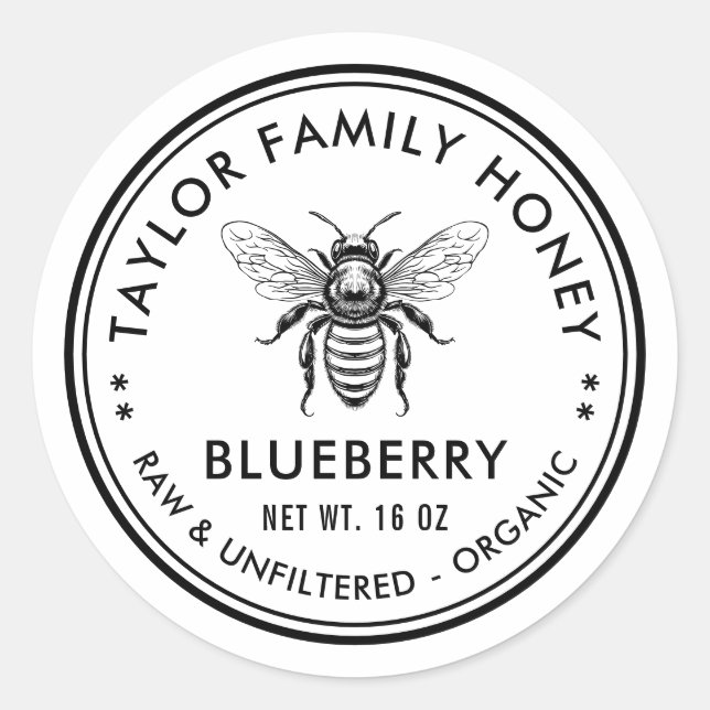 Adesivo Rótulo de mel de mirtilo com abelha melífera (Frente)