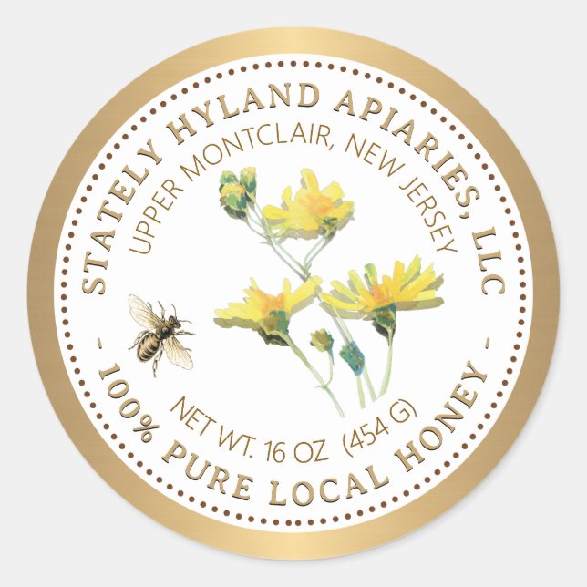 Adesivo Rótulo de Mel Flor Amarela Abelha e Borda Dourada (Frente)