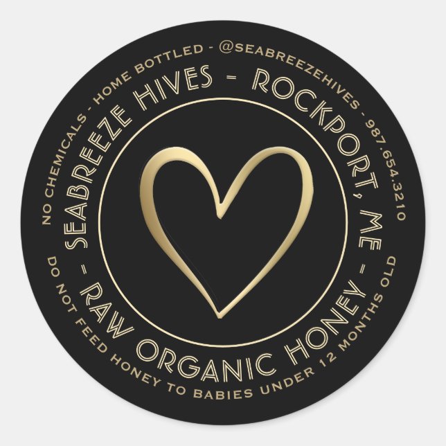 Adesivo Rótulo de Mel Orgânico em Casa com Dourado Coração (Frente)