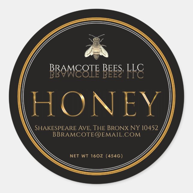 Adesivo Rótulo de Mel Preto: Abelhas Douradas Metálicas (Frente)