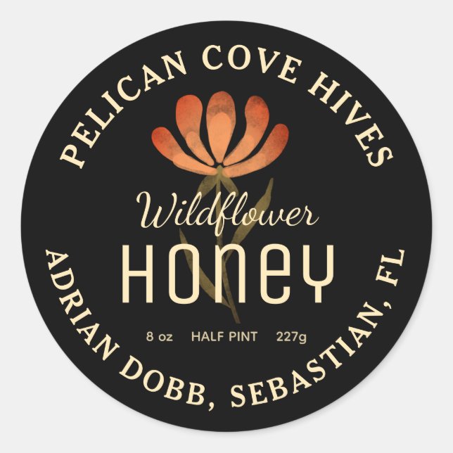 Adesivo Rótulo de Mel Preto Aquarela Floral (Frente)
