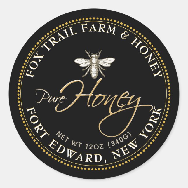Adesivo Rótulo de Mel Preto de Abelha Heráldica com Texto  (Frente)