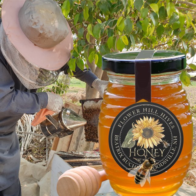 Adesivo Rótulo de Mel Preto, Texto Dourado para Girassol e (Criador carregado)