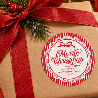 Adesivo Rótulo de Natal Alegre com Listras e Laço Vermelho