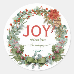 Adesivo Rótulo de Natal Alegria Coroa Nome Verde Escrito à