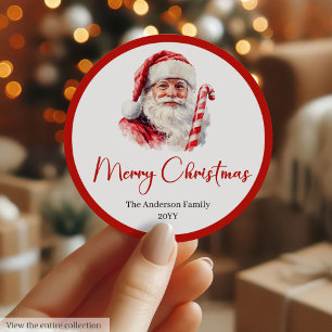 Adesivo Rótulo de Natal em Aquarela do Papai Noel Clássico