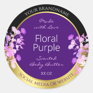 Adesivo Rótulo de Produto Floral Elegante Dourado e Roxo