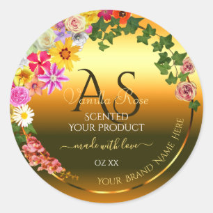 Adesivo Rótulo de produto laranja Flores e iniciais colori