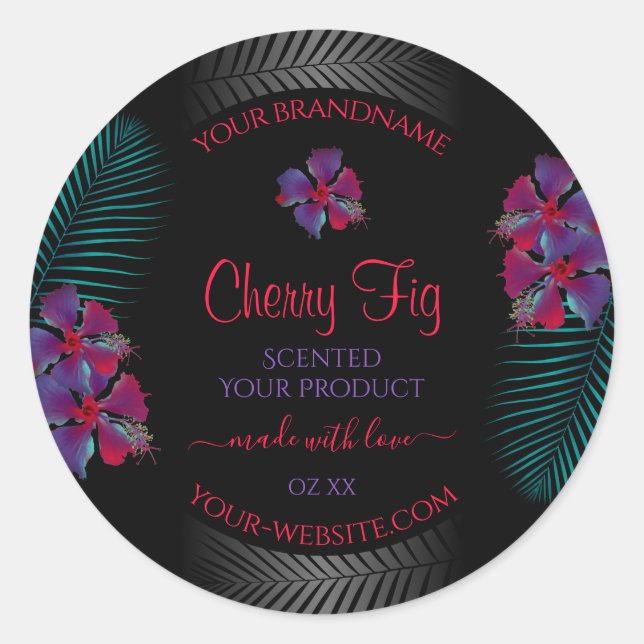 Adesivo Rótulo de Produto Preto Flores Vermelhas Roxas Fol (Frente)