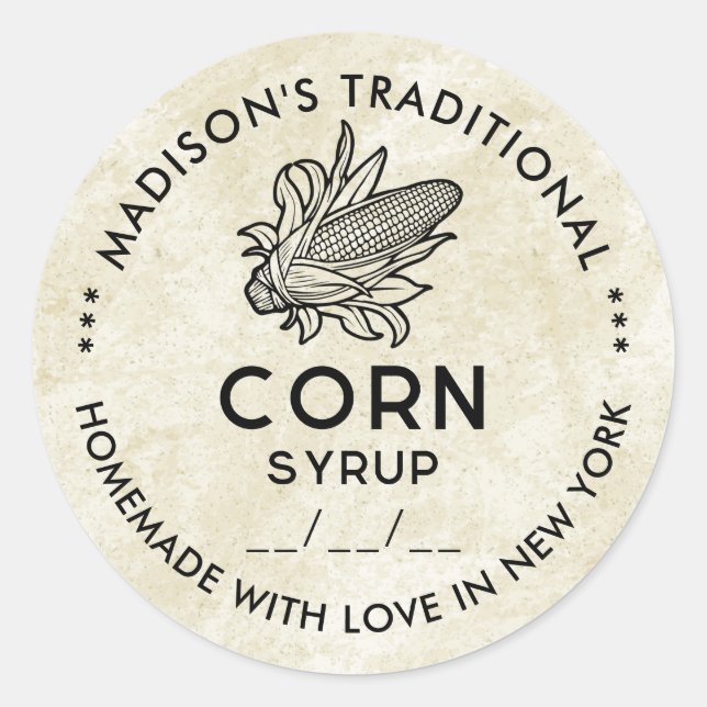 Adesivo Rótulo de xarope de milho vítreo, preto e branco (Frente)