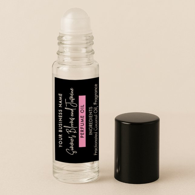 Adesivo Rótulo do cilindro de óleo essencial de Perfume Pr (Trendy black and pink perfume oil roller bottle product label)