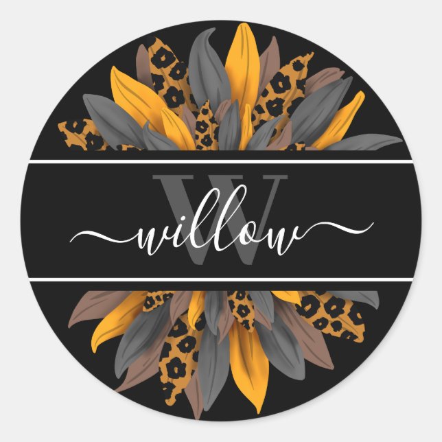 Adesivo Rótulo do nome da criança girassol das manchas-leo (Frente)