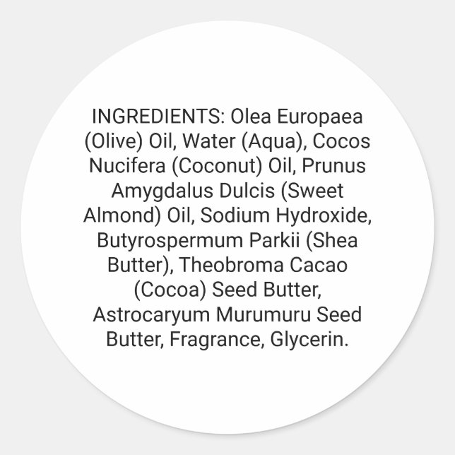 Adesivo Rótulo do Produto de Soap ou Ingredientes Skincare (Frente)