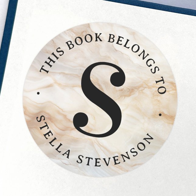 Adesivo Rótulo inicial do livro da biblioteca de mármore e (Monogram initial elegant marble library book label)