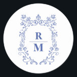 Adesivo Rótulo Monograma do casamento personalizado Crest<br><div class="desc">Etiqueta elegante com uma crista floral azul. Fácil de editar com suas iniciais.</div>