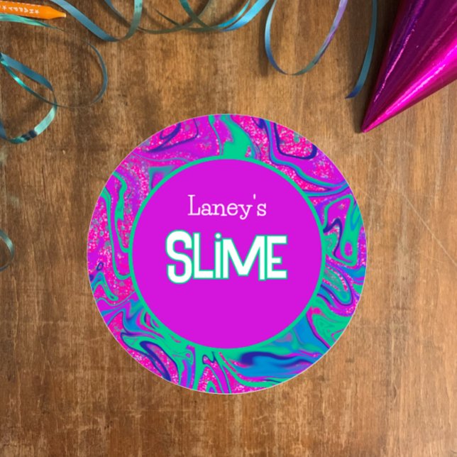 Adesivo Rótulo Personalizado de Slime, Festa de Slime Lega (Customize this template label, vibrant purple n teal with faux glitter for slime party or homemade)