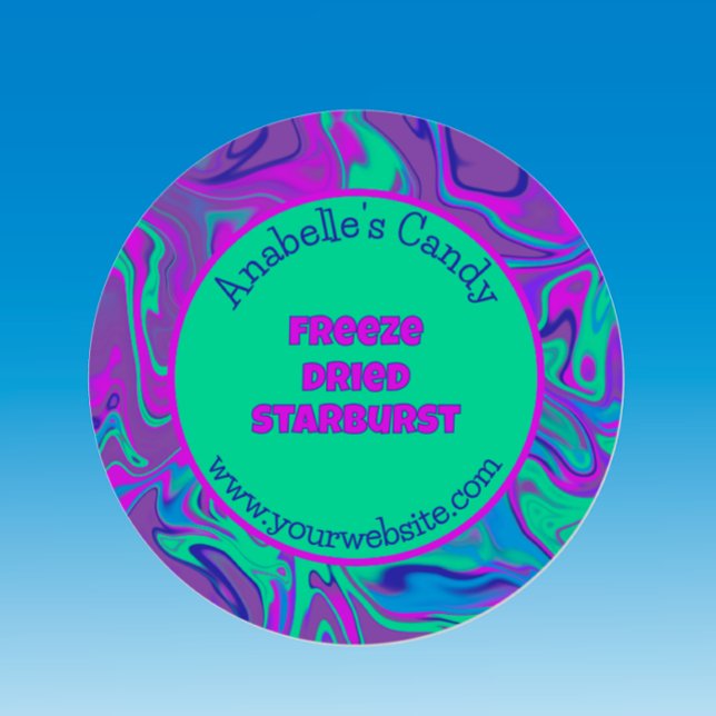 Adesivo Rótulo Personalizado Legal Colorido e Seco (Cool colorful sticker to customize for freeze dried candy label. Fun purple teal swirl editable text)
