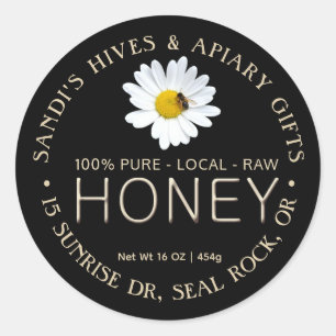 Adesivo Rótulo PURE LOCAL RAW HONEY com margarida e abelha