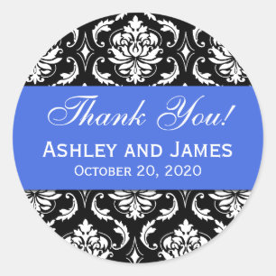 Adesivo Rótulo Real Azul Casamento Negro Damask Obrigado