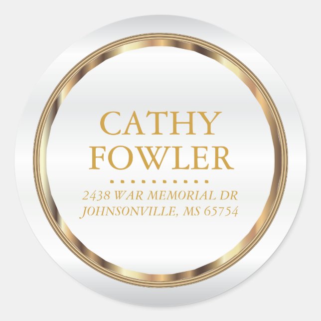 Adesivo Rótulos brancos e Dourados de endereço redondo (Frente)