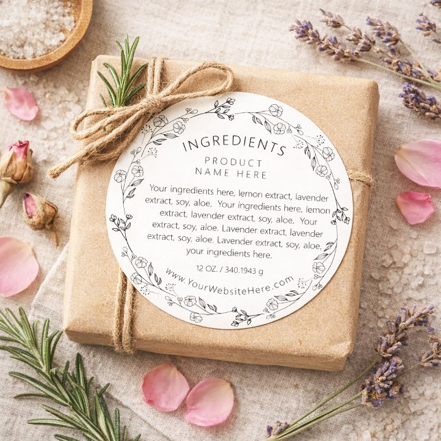 Adesivo Rótulos de Ingredientes de Grinalda Floral de Arte (Modern Line Art Floral Wreath Ingredients Labels)