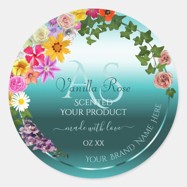 Adesivo Rótulos de Produto Gradiente de Teal Floral com Mo (Frente)