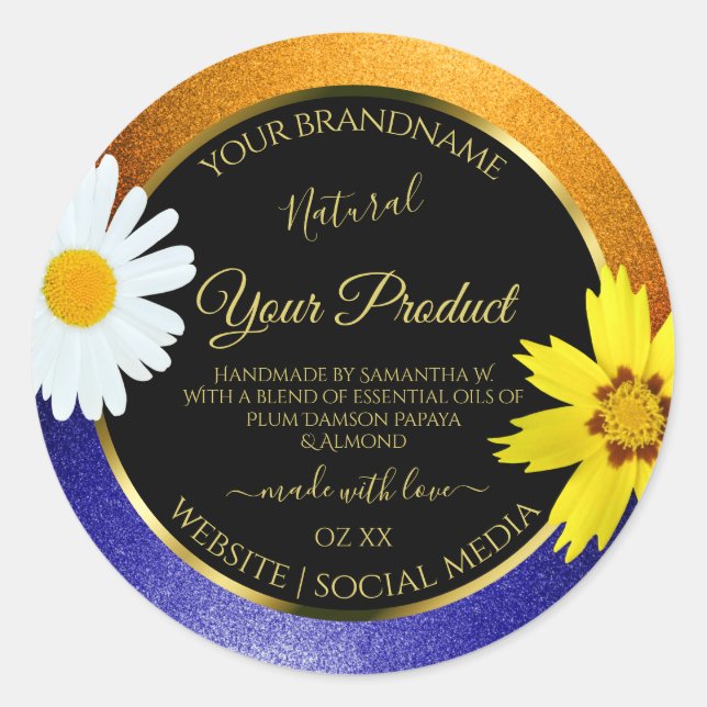 Adesivo Rótulos de Produto Preto Azul-Laranja Floral Laran (Frente)