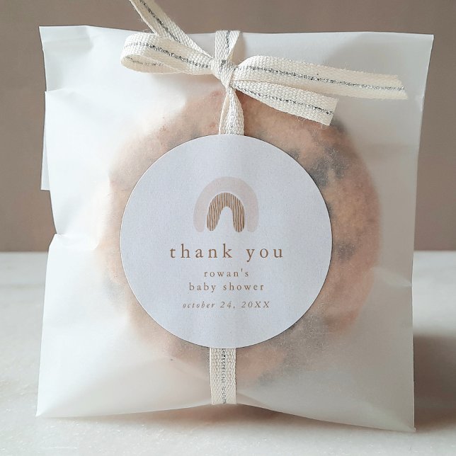 Adesivo Rowan Girl Pink Boho Rainbow Chá de fraldas Obriga (ROWAN Girl Pink Boho Rainbow Baby Shower Thank You Classic Round Sticker)