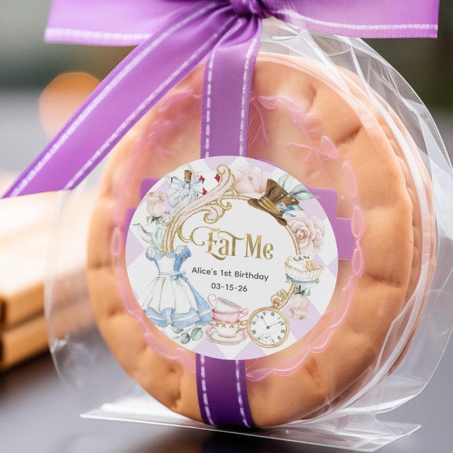 Adesivo Roxo, Alice no interior, Coma-me, Aniversário (Purple, Alice Onederland, Eat me favor stickers.)