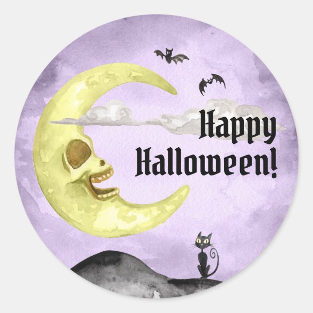 Adesivo Roxo da Lua Negra Gato Negro Feliz Halloween Roxo (Frente)