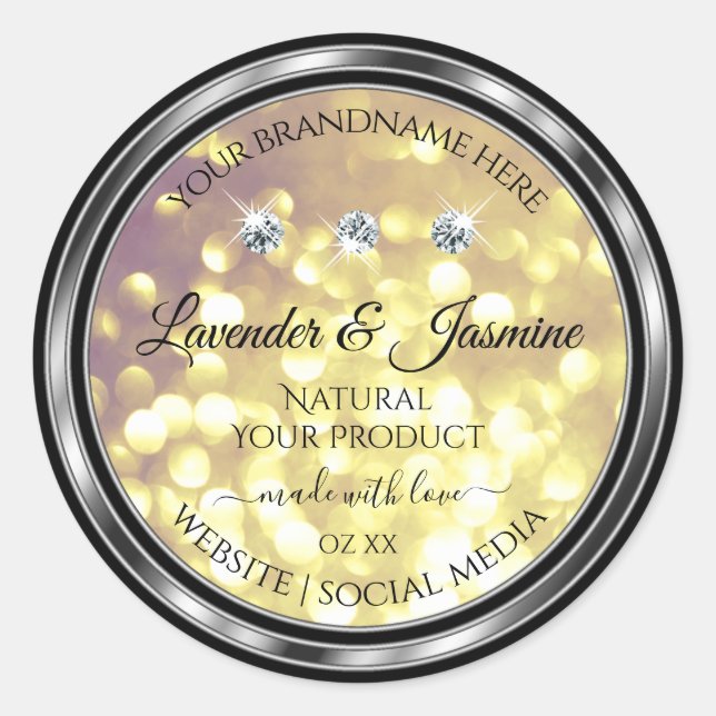 Adesivo Roxo Dourado Rótulo do Produto Diamantes Prateados (Frente)