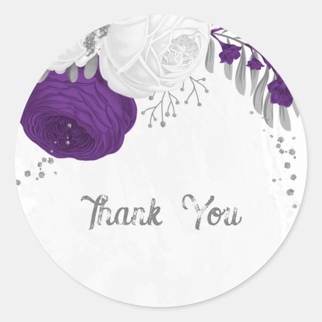 Adesivo roxo real e flores brancas clássicas prateadas (Frente)