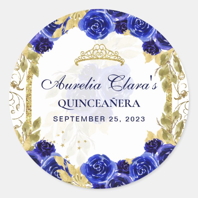 Adesivo Royal Blue Floral Princesa Dourada Quinceanera (Frente)
