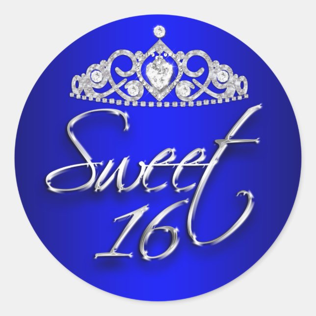 Adesivo Royal Blue & Silver Sparkle Tiara Sweet 16 Sticker (Frente)