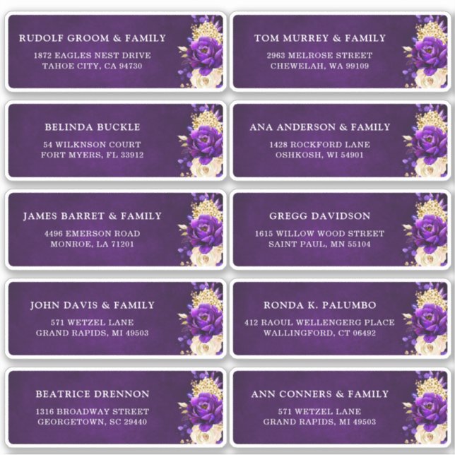 Adesivo Royal Purple Dourado Floral Weding Endereço de Con (Frente)