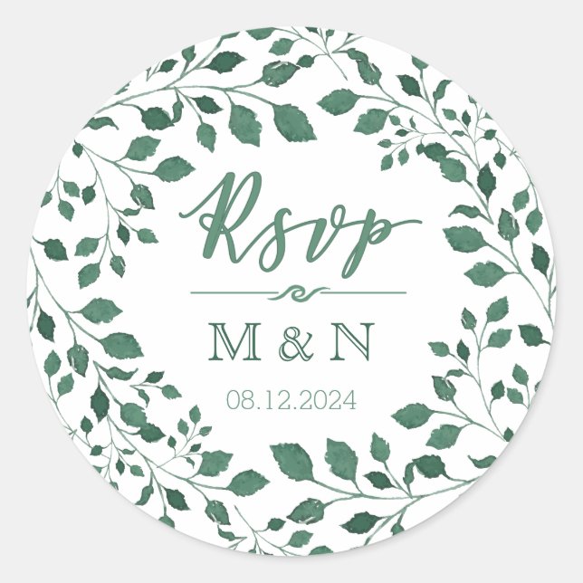 Adesivo RSVP | Casamento de Wreath Monograma de Folhas Ver (Frente)