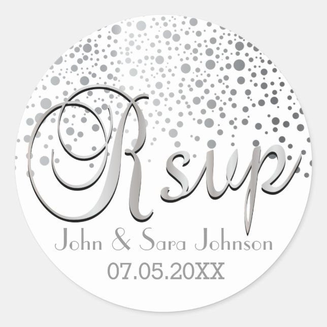 Adesivo RSVP | Pontos de Confetti Prateados | Personalizar (Frente)