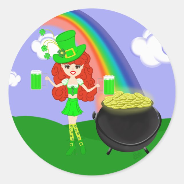 Adesivo Rua Pat's Day Redhead Girl Leprechaun com Rainbow (Frente)