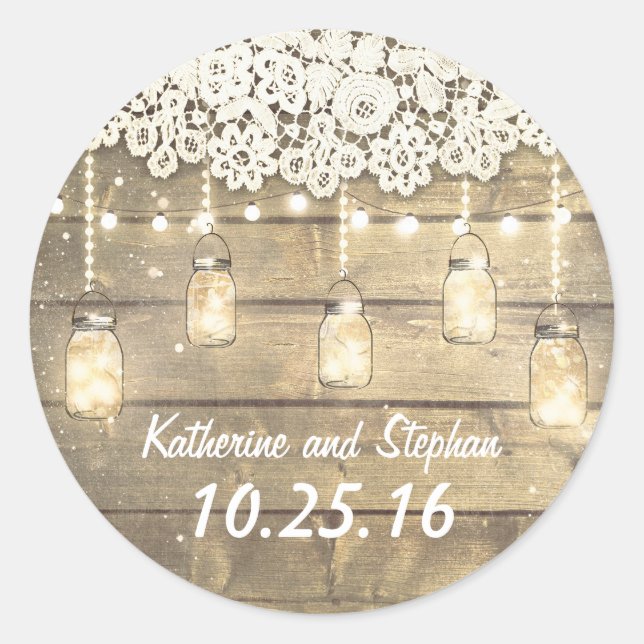 Adesivo Rustic Barn Mason Jar Lights and Lace Weds (Frente)