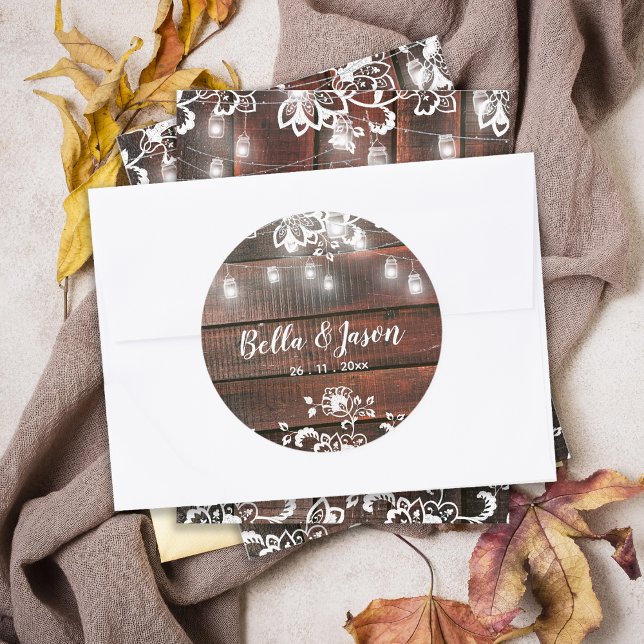 Adesivo Rustic Barn Wood Lace String Lights Wedding (Rustic Barn Wood String Lights Wedding Envelope Seal Sticker | Lace Rustic Wedding Sticker)
