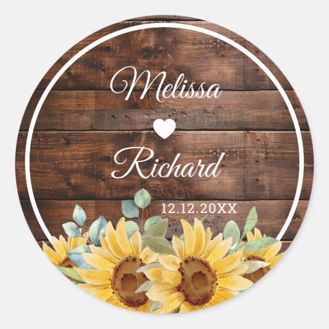 Adesivo Rustic Barn Wood Sunflower Country Wedding Favor (Frente)