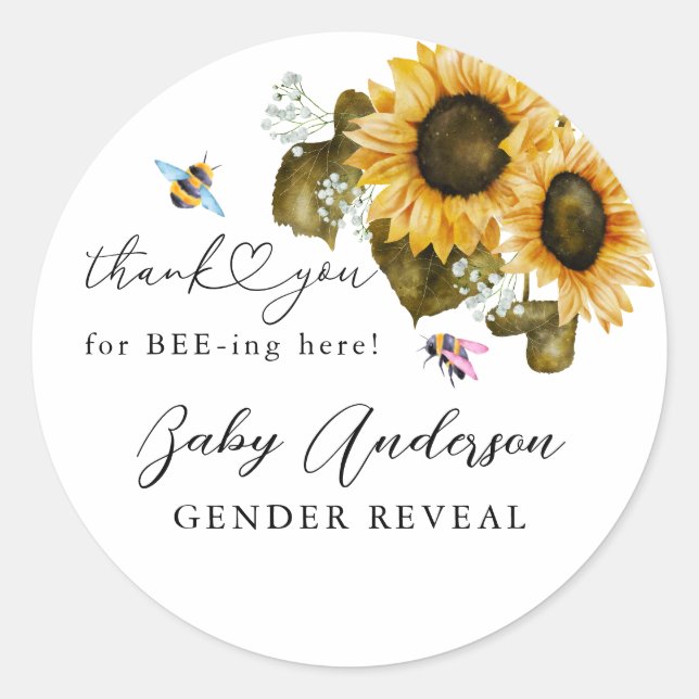 Adesivo Rustic Bee Sunflower Gender Reveem Party Favor (Frente)