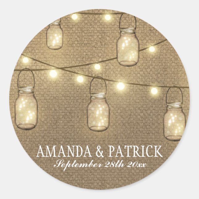 Adesivo Rustic Country Burlap Mason Jar Wedding Faves (Frente)