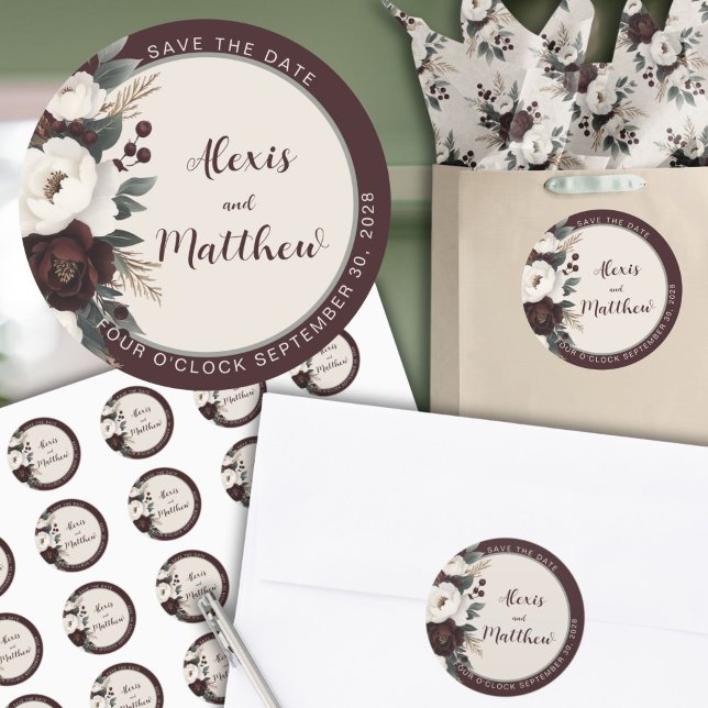 Adesivo Rustic Elegance Burgundy Floral Salvar A Data (Rustic Boho Burgundy Save The Date Wedding Sticker)